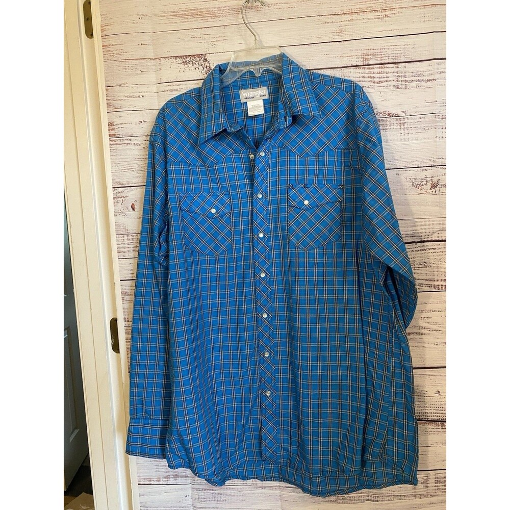 Vintage Pearl Snap Wrangler Wrancher  Western Blue Plaid Long Sleeve Shirt XLT